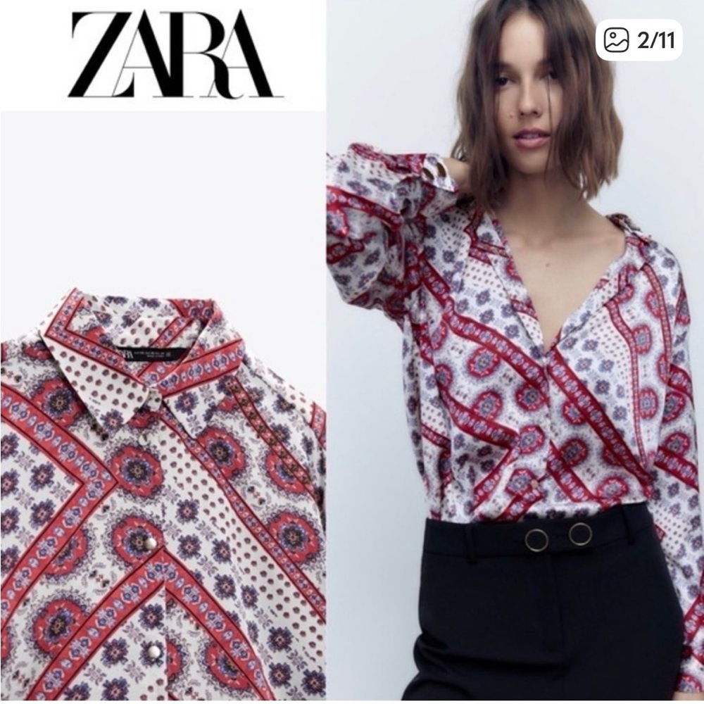 Zara Women's Patchwork print Red and White and blue satin effect shirt Sz XS